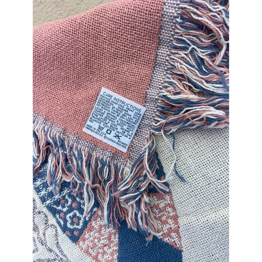 Goodwin Weavers Double Wedding Ring Woven Throw Blanket Reversible Pink Blue 70